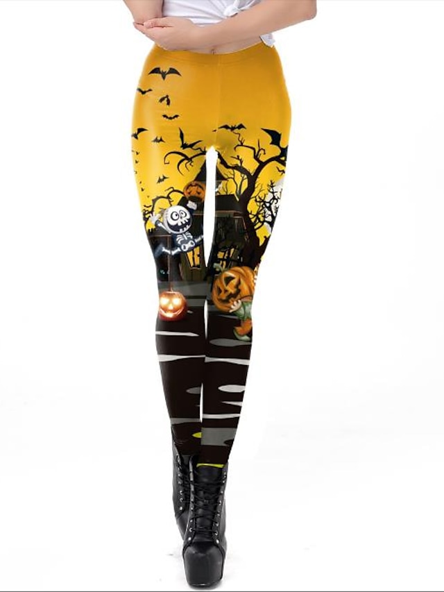  Women's Exaggerated Leggings Print Full Length Pants Halloween Micro-elastic Animal Breathable High Waist Slim Black S M L XL