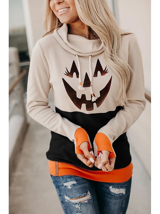  Women's Pumpkin Pullover Hoodie Sweatshirt Other Prints Halloween Halloween Hoodies Sweatshirts  Gray Khaki Orange