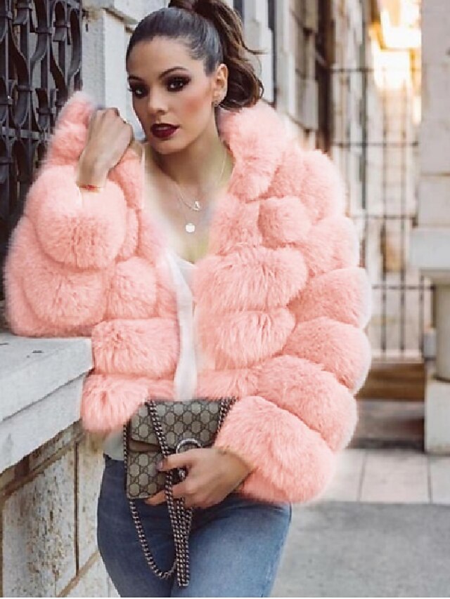  Women's Solid Colored Basic Fall & Winter Coat Regular Daily Long Sleeve Faux Fur Coat Tops Blushing Pink