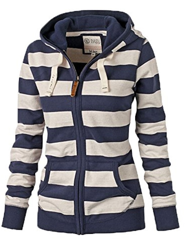  Women's Jacket Daily Fall Winter Regular Coat Regular Fit Sporty Jacket Long Sleeve Striped Drawstring Blue / Spring