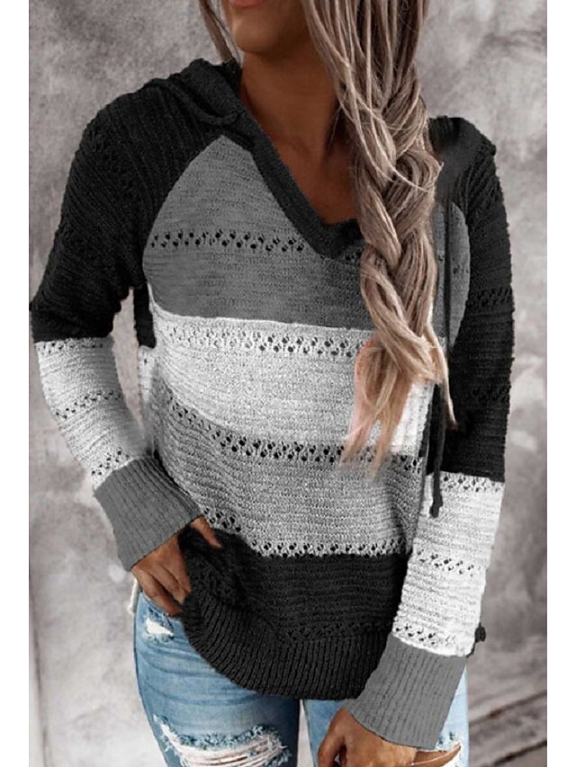  Women's Stylish Knitted Color Block Pullover Long Sleeve Sweater Cardigans Hooded Fall Winter Black Brown