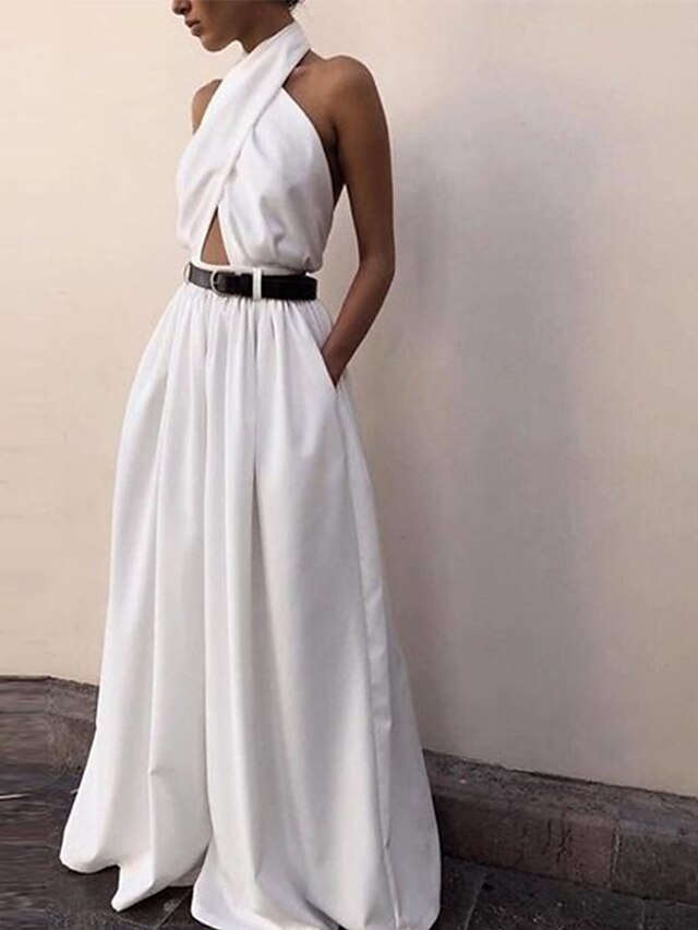  Women's Jumpsuit Solid Color Backless Criss Cross Elegant Halter Neck Wide Leg Prom Sleeveless Regular Fit White S M L Summer / Cut Out