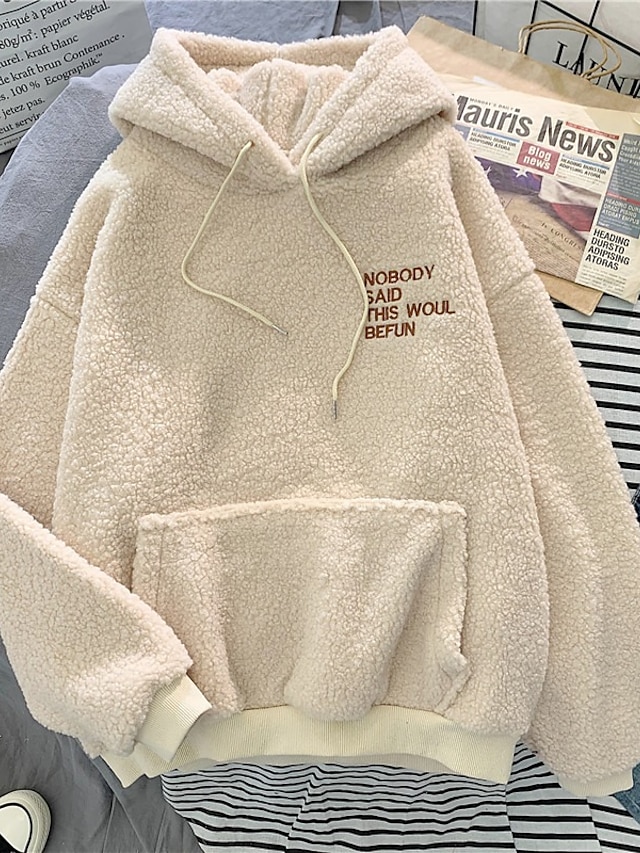  Women's Graphic Text Letter Hoodie Teddy Coat Other Prints Daily Basic Hoodies Sweatshirts  Blue Fuchsia Beige