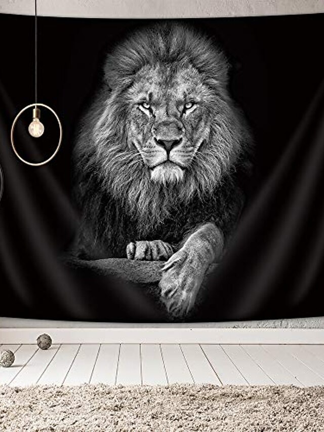 lion tapestry, wild animal african lion on black background, tapestries wall hanging for bedroom living room collage dorm room