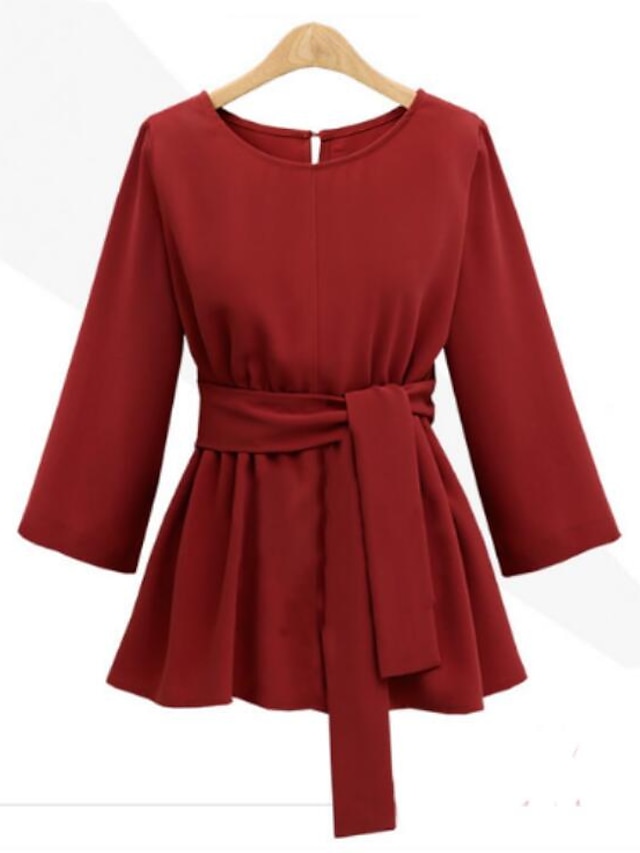  Mujer Tallas Grandes Blusa Camisa Un Color Acordonado Escote Redondo Elegante Tops Negro Rojo Vino