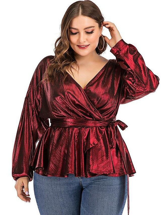  Women's Plus Size Blouse Shirt Solid Colored Long Sleeve Lace up V Neck Basic Tops Wine