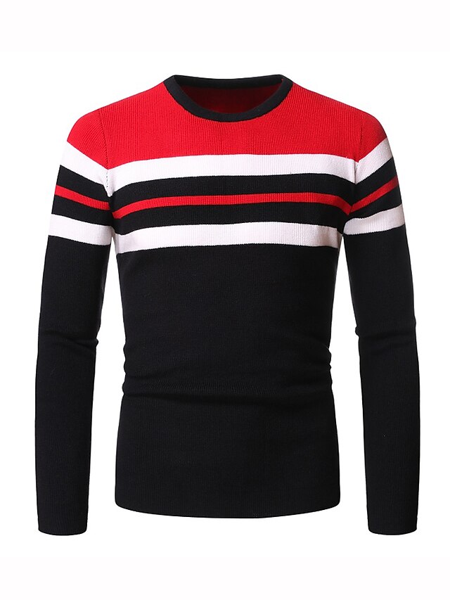  Men's Pullover Striped Long Sleeve Sweater Cardigans Crew Neck Gray Red