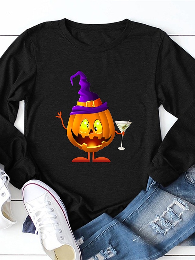 Women's Halloween T shirt Graphic Graphic Prints Pumpkin Long Sleeve Print Round Neck Tops 100% Cotton Basic Halloween Basic Top Black Yellow Army Green