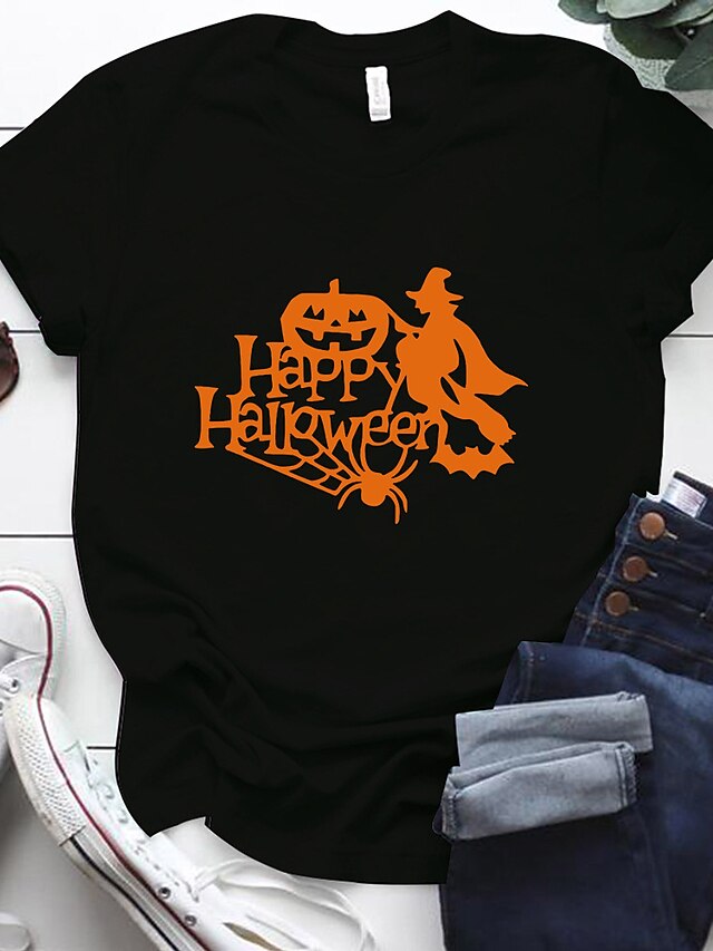  Damen T Shirt Schwarz Weiß Gelb Graphic Buchstabe Kürbis Bedruckt Kurzarm Halloween Täglich Basic Halloween Rundhalsausschnitt Regular Fit Hexe