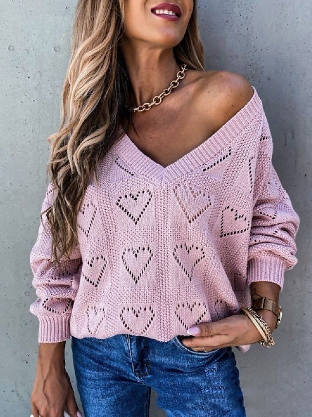 Women's Basic Hollow Out Solid Color Plain Pullover Acrylic Fibers Long Sleeve Sweater Cardigans V Neck Fall Winter White Blushing Pink Fuchsia