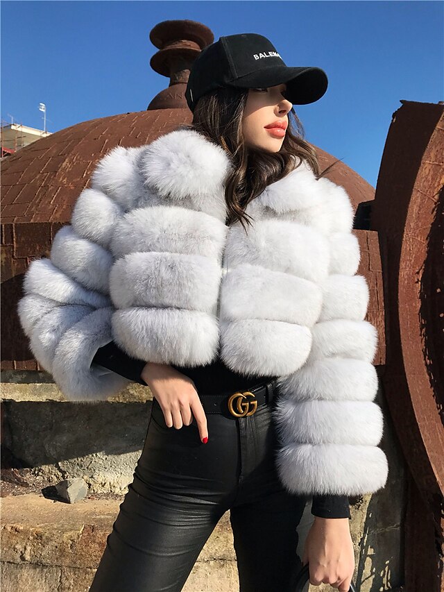  Women's Fur Coat Fall & Winter Wedding Daily Valentine's Day Short Coat Warm Loose Basic Jacket Long Sleeve Solid Colored Blue White Black