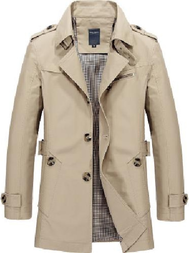  Men's Trench Coat Overcoat Coat Notch lapel collar Regular Fit Jacket Solid Colored Navy Light Khaki Deep khaki / Cotton