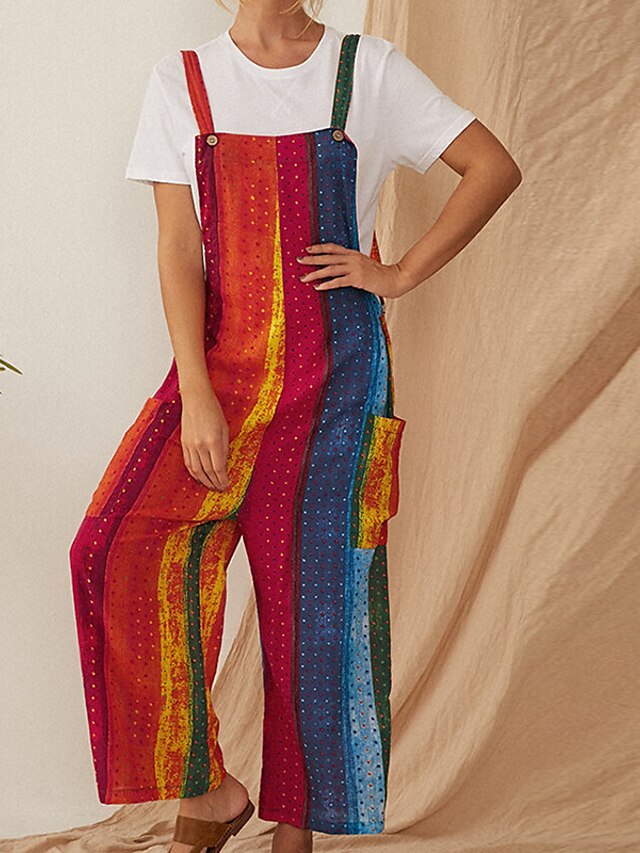  Women's Basic Patchwork Print Harem Culottes Wide Leg Overalls Full Length Pants Print Multi Color Casual Daily Comfort Loose Green Red S M L XL
