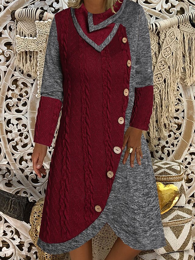  Femme Robe Pull Robe Longueur Genou Rouge Manches Longues Bloc de Couleur Bouton Automne Printemps Col Rond chaud Simple robes de vacances Ample 2021 M L XL XXL 3XL / Coton / Coton