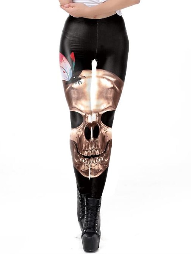  Mujer Exagerado Transpirable Delgado Halloween Leggings Pantalones Cráneos Longitud total Estampado Alta cintura Negro