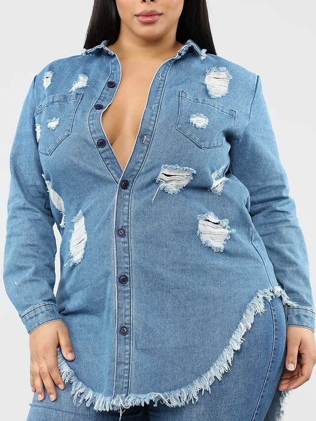  Damen Übergrössen Bluse Jeanshemd Hemd Solide Langarm Quaste Ausgeschnitten Hemdkragen Elegant Street Schick Oberteile 100% Baumwolle Blau