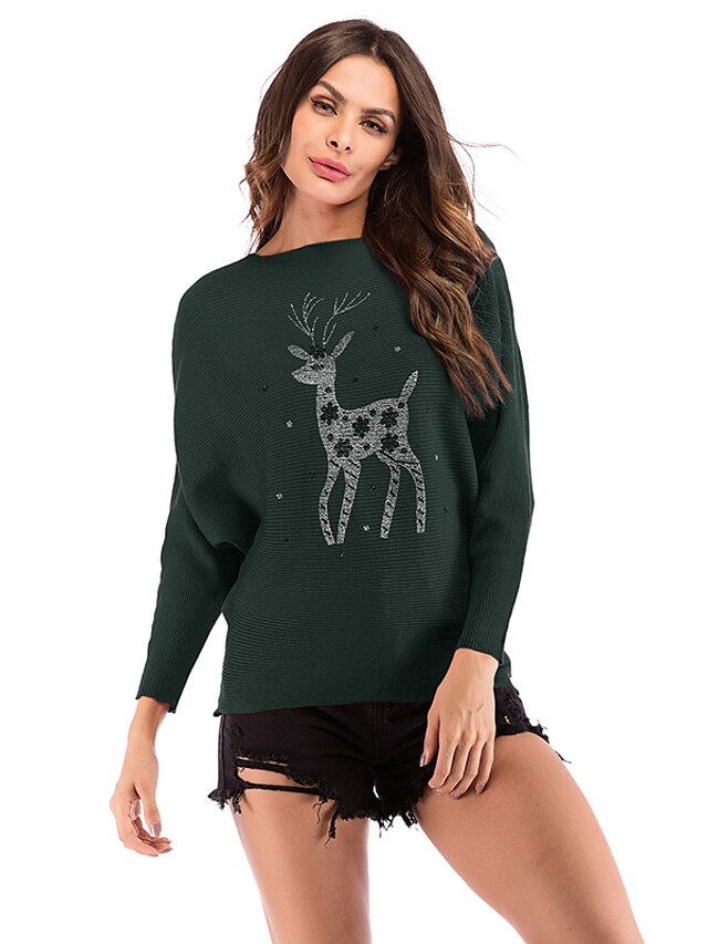  Women's Pullover Animal Knitted Christmas Long Sleeve Sweater Cardigans Fall Winter Crew Neck Round Neck Blue Green White