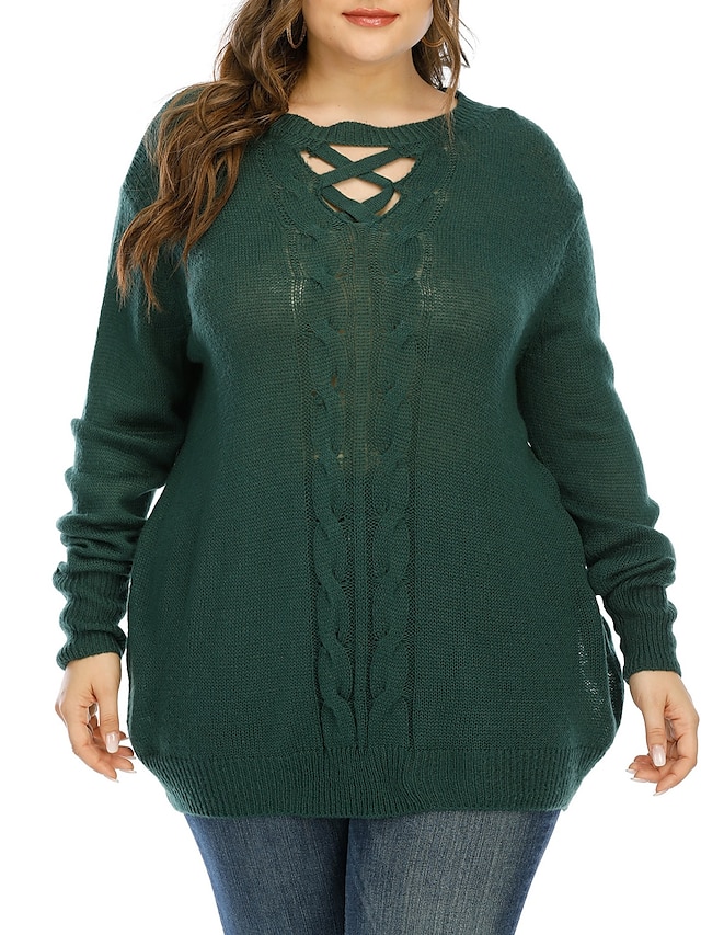  Women's Basic Hollow Out Knitted Solid Color Plain Pullover Acrylic Fibers Long Sleeve Plus Size Sweater Cardigans Crew Neck Fall Winter Green