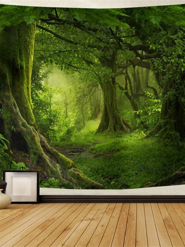  mystisk skovtapet magisk natur grøn trævæg gobelin regnskov landskab gobelin væghængende boheme psykedelisk gobelin til soveværelse stue sovesal