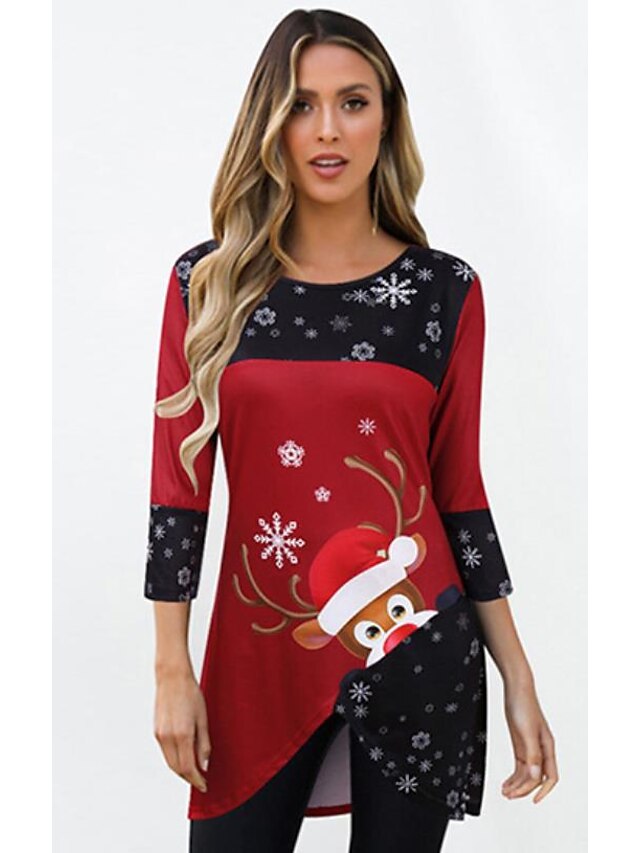  Damen T Shirt Wein Grafik-Drucke Patchwork Bedruckt Langarm Täglich Basic Weihnachten Rundhalsausschnitt Lang Formschluss