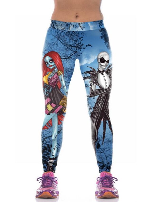  Women's Exaggerated Yoga Print Sweatpants Full Length Pants Micro-elastic Halloween Skull High Waist Breathable Sports Slim Blue S M L XL