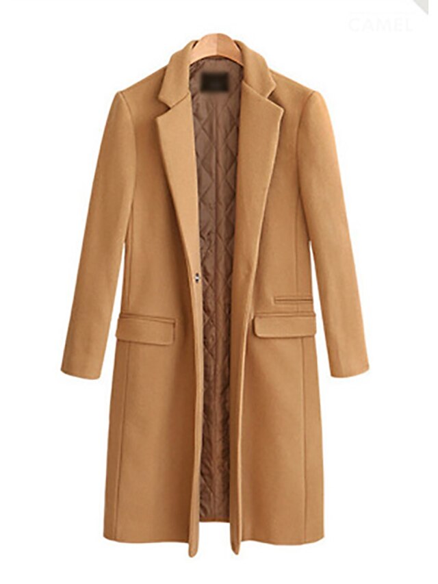  Women's Coat Fall & Winter Daily Regular Coat Slim Basic Jacket Long Sleeve Solid Colored Camel Black Red / Wool