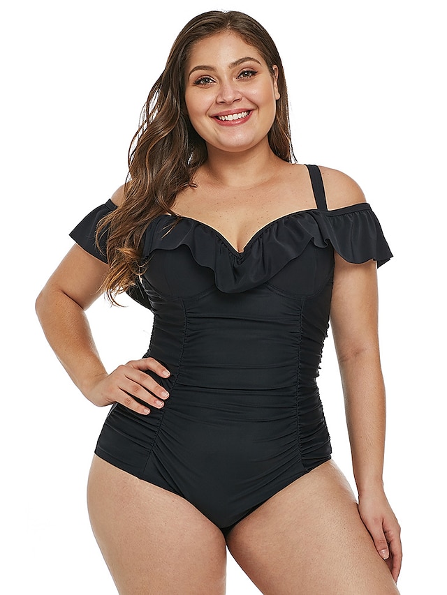  Women's One Piece Swimsuit Criss Cross High Waist Ruffle Black Plus Size Swimwear Padded Strap Bathing Suits Sexy