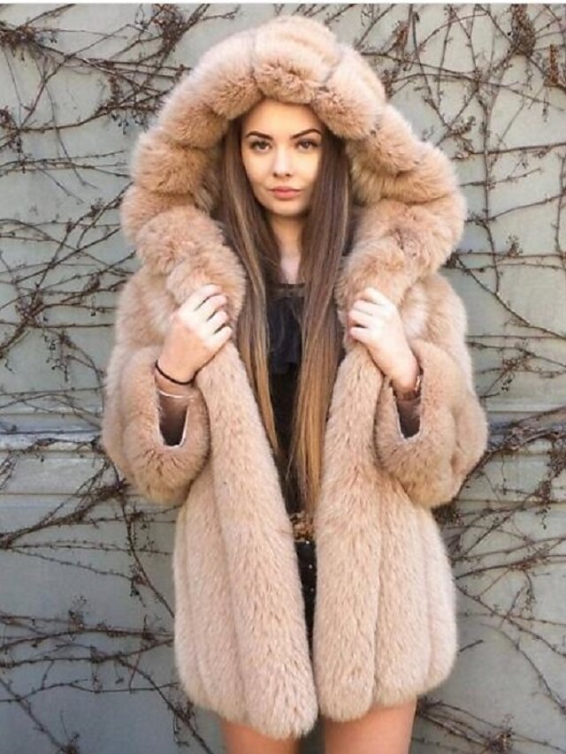  Women's Solid Colored Basic Fall & Winter Coat Long Daily Long Sleeve Faux Fur Coat Tops Black