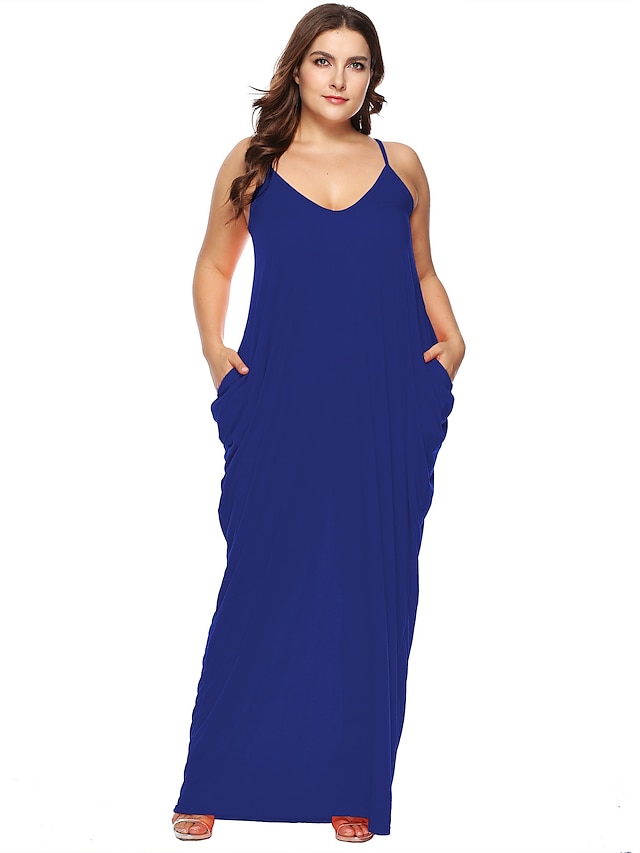  Women's Swing Dress Maxi long Dress Wine Orange Black Navy Blue Sleeveless Solid Color Pocket Summer V Neck Sexy Holiday Loose 2021 XL XXL 3XL