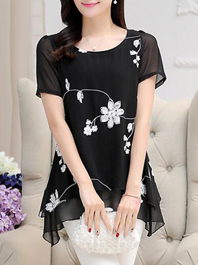  Women's Plus Size Blouse Shirt Floral Flower Asymmetric Print Round Neck Basic Tops White Black