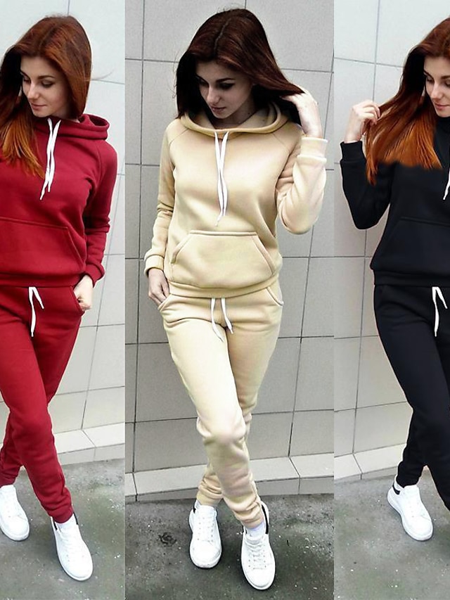  Women's 2 Piece Set Hoodie Drawstring Minimalist Front Pocket Solid Color Polyester Sport Athleisure Long Sleeve Clothing Suit Everyday Use Warm Soft Oversized Comfortable Exercising General Use