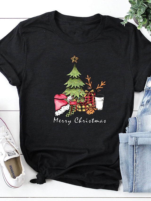  Women's Christmas T shirt Plants Graphic Letter Print Round Neck Tops 100% Cotton Basic Christmas Basic Top Black Purple Blushing Pink