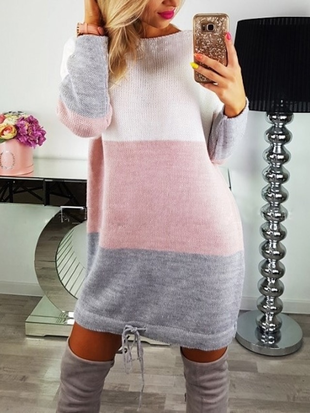  Mujer Vestido de Suéter Mini vestido corto Rosa Manga Larga Bloques Otoño Invierno Cuello Barco caliente Chic de Calle S M L XL