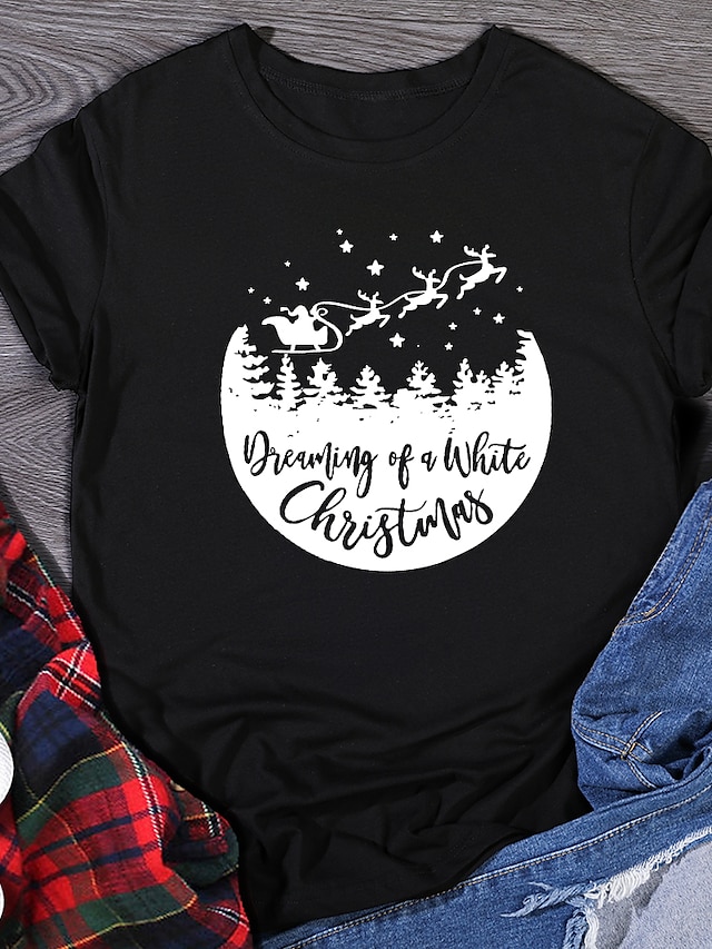 Mujer Navidad Camiseta Estampados Estampado Escote Redondo Tops 100% Algodón Navidad Top básico Blanco Negro Morado