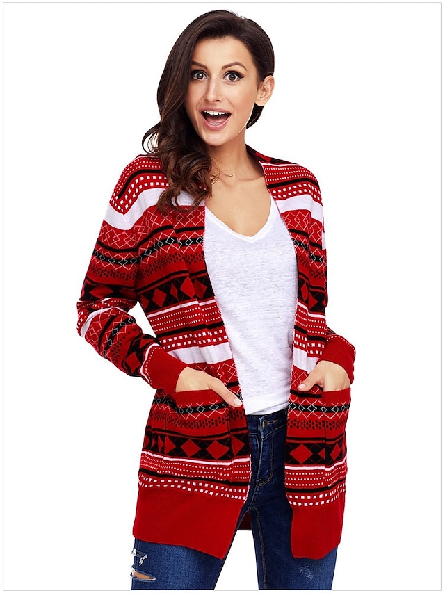  Women's Christmas Knitted Striped Cardigan Long Sleeve Sweater Cardigans V Neck Fall Winter Black Red Green