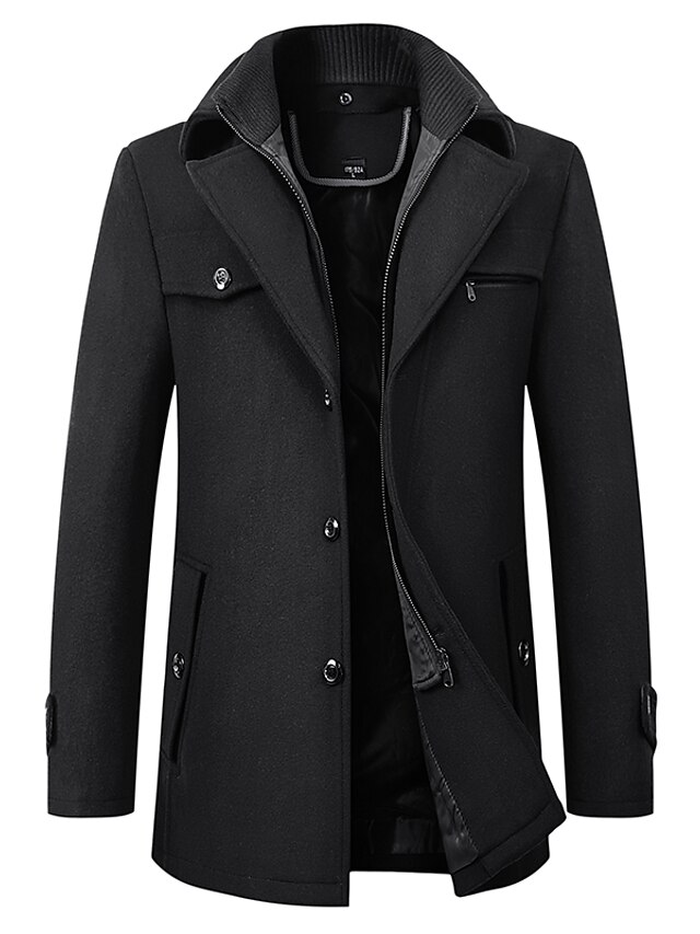  Men's Trench Coat Overcoat Fall & Winter Daily Going out Regular Coat Notch lapel collar Stand Collar Regular Fit Basic Jacket Long Sleeve Solid Colored Blue Wine Gray