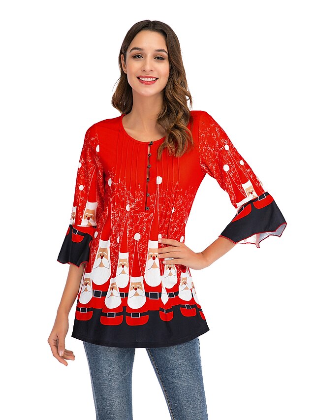  Femme T shirt Tee Rose Claire Vert Floral Fleur Imprimer Demi Manches Noël du quotidien basique Noël Col Rond