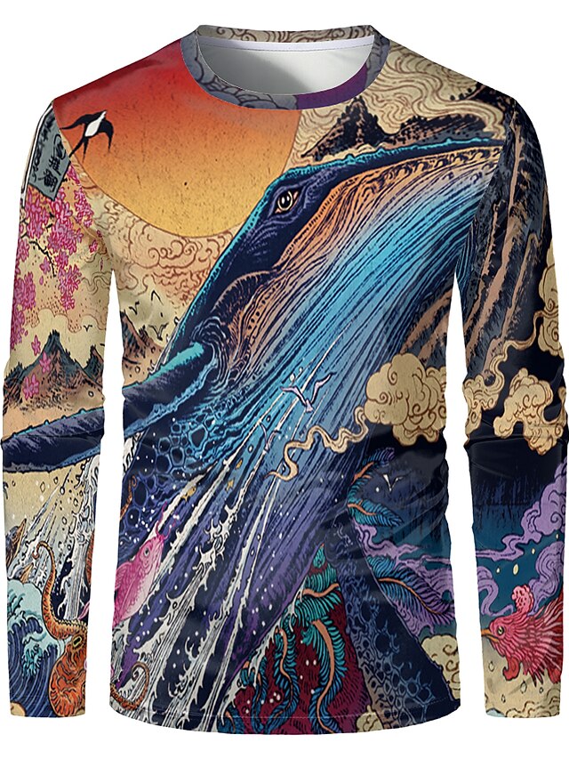 Men's Daily 3D Print T shirt Plus Size Graphic 3D Long Sleeve Print Tops Elegant Exaggerated Round Neck Rainbow