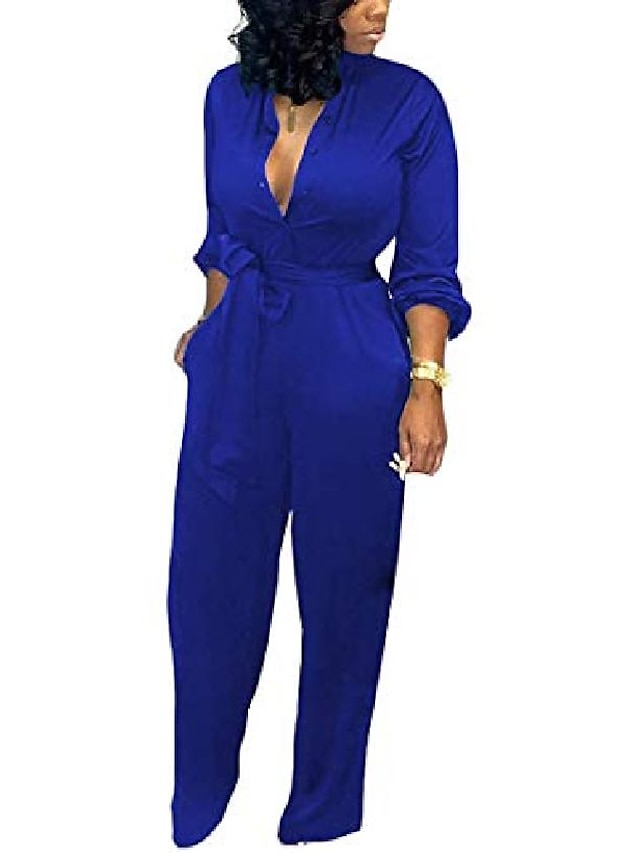  women's deep v neck long sleeve button down one piece wide leg jumpsuit romper x-large blue