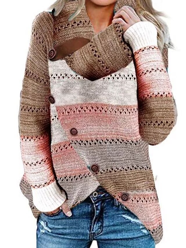  Women's Sweater Pullover Jumper Color Block Knitted Button Stylish Basic Casual Long Sleeve Loose Sweater Cardigans Fall Winter Crew Neck Rainbow / Holiday / Going out