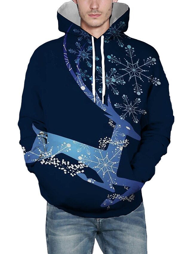 Herre Grafisk 3D Rensdyr Pullover-hættetrøje Hætte 3D-udskrivning Jul Daglig Jul Hættetrøjer Sweatshirts Langærmet Blå