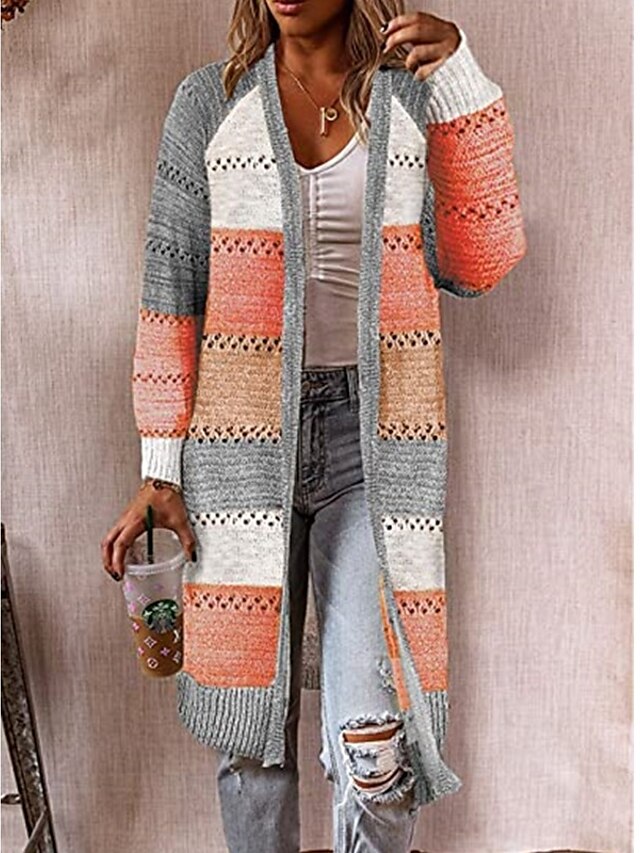  Women's Casual Hollow Out Knitted Color Block Cardigan Long Sleeve Loose Sweater Cardigans Open Front Fall Winter Blushing Pink Wine Orange