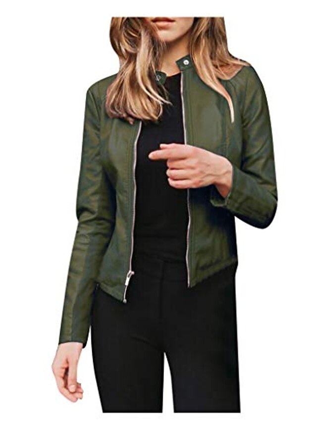  Women's Faux Leather Jacket Casual Full Zip Outdoor Office Office / Career Street Faux Leather Coat Winter Fall Spring Light Purple Navy Wine Red Zipper Stand Collar Regular Fit S M L