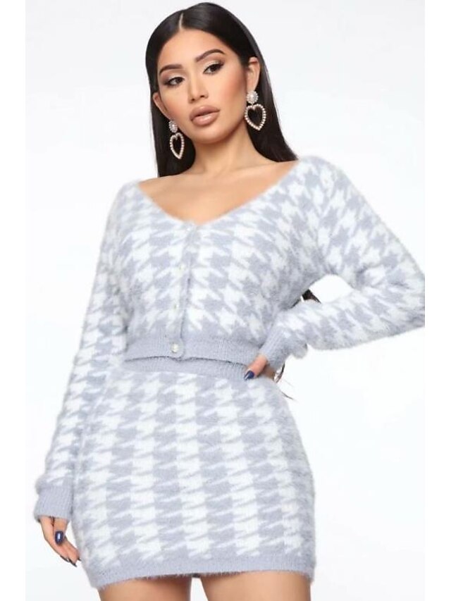  Women's Basic Houndstooth Two Piece Set Sweater Skirt Patchwork Tops