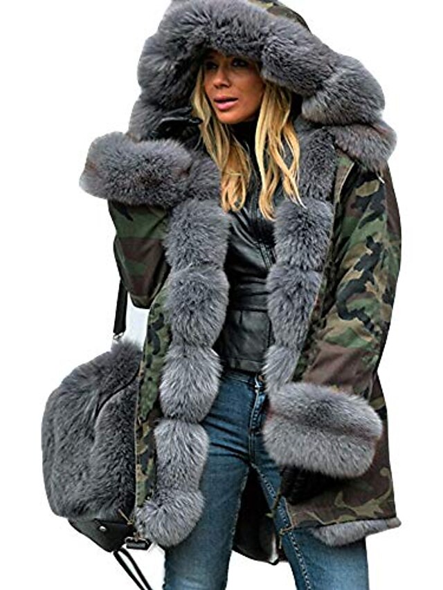  kvinders frakker skijakker plus størrelse camo fluffy fuzzy faux fur hættejakke manchet afslappet løs varm polstret parkas efterår vinter