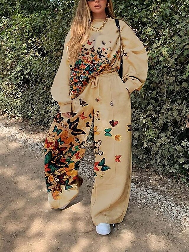  Mujer Chic de Calle Estampado Mariposa Bloques Casual Vacaciones Conjunto de dos piezas Sudadera Chándal Pantalón Loungewear Correa Estampado Tops