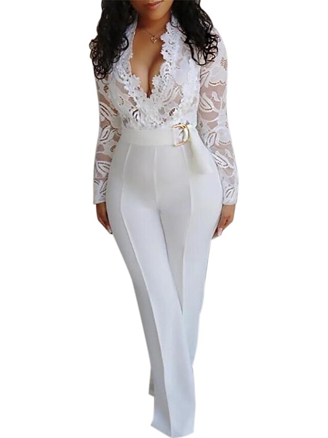  Women's Jumpsuit Solid Color Cut Out Lace Basic Deep V Straight Party Wedding Long Sleeve Slim White S M L Fall / High Waist