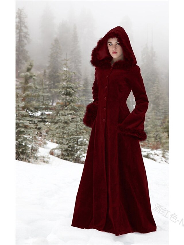  Women's Coat Solid Colored Fur Trim Vintage Fall Winter Outerwear Maxi Coat Daily Long Sleeve Jacket Wine / Loose
