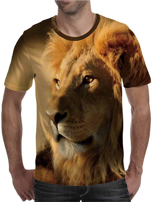  Men's T shirt Shirt Graphic Lion Animal 3D Print Round Neck Plus Size Daily Holiday Short Sleeve Print Tops Elegant Exaggerated Yellow