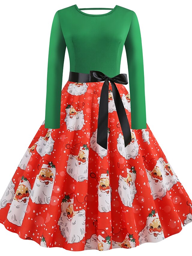  Mulheres Vestido no Joelho Vestido da bainha Verde Manga Longa Patchwork Estampado Decote Redondo Inverno Natal Vintage 2021 Delgado S M L XL XXL 3XL 4XL 5XL